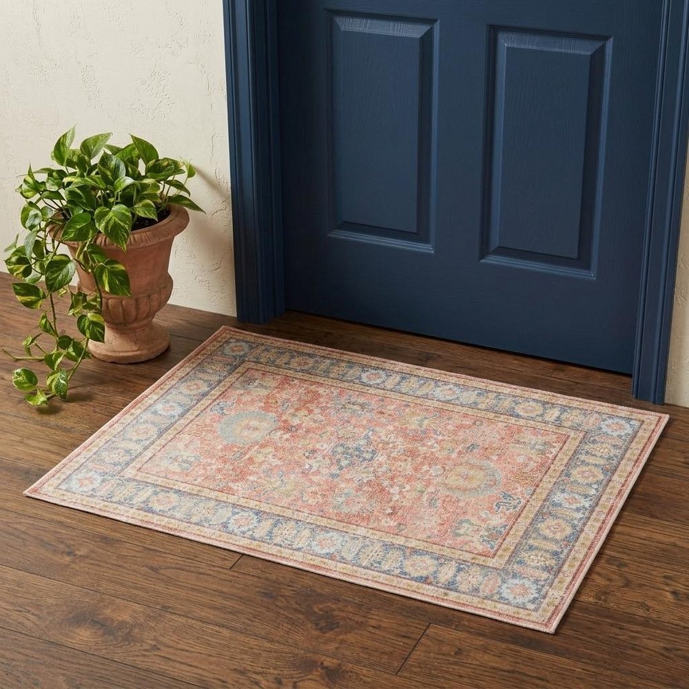 2' X 3' Coral And Blue Oriental Distressed Area Rug