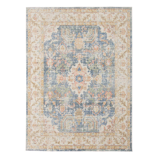 2' X 3' Coral and Blue Oriental Power Loom Worn Faded Area Rug