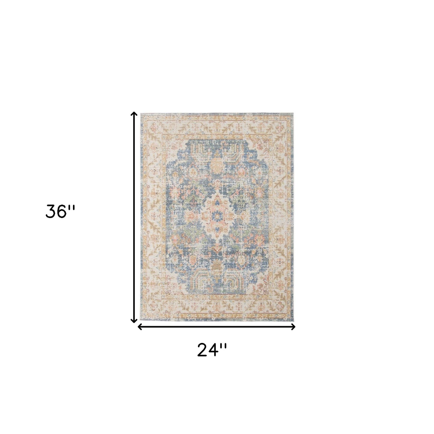 2' X 3' Coral and Blue Oriental Power Loom Worn Faded Area Rug