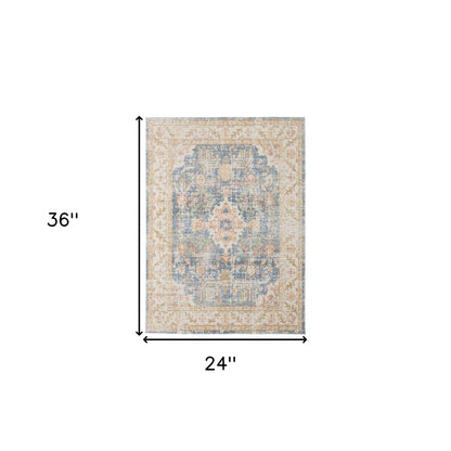 2' X 3' Coral and Blue Oriental Power Loom Worn Faded Area Rug