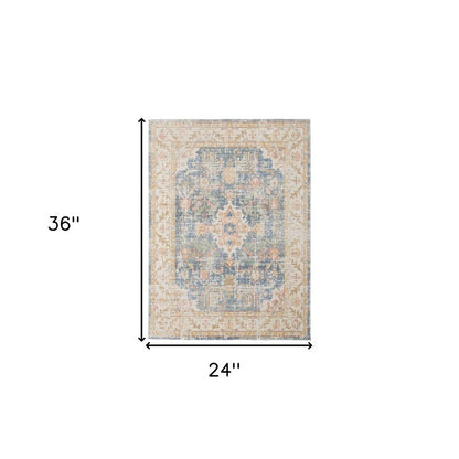 2' X 3' Coral And Blue Floral Distressed Area Rug