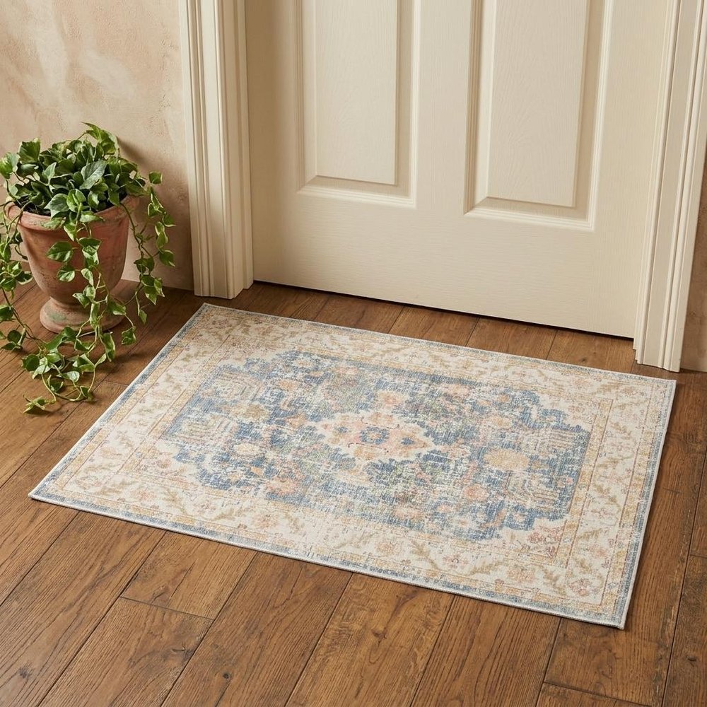 2' X 3' Coral And Blue Floral Distressed Area Rug