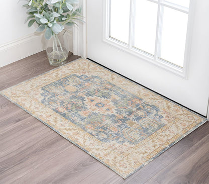 2' X 3' Coral And Blue Floral Distressed Area Rug