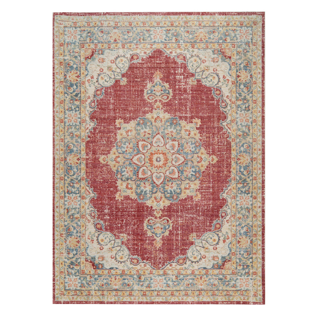 2' X 3' Ivory Red and Blue Medallion Power Loom Worn Faded Area Rug