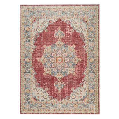 2' X 3' Ivory Red and Blue Medallion Power Loom Worn Faded Area Rug