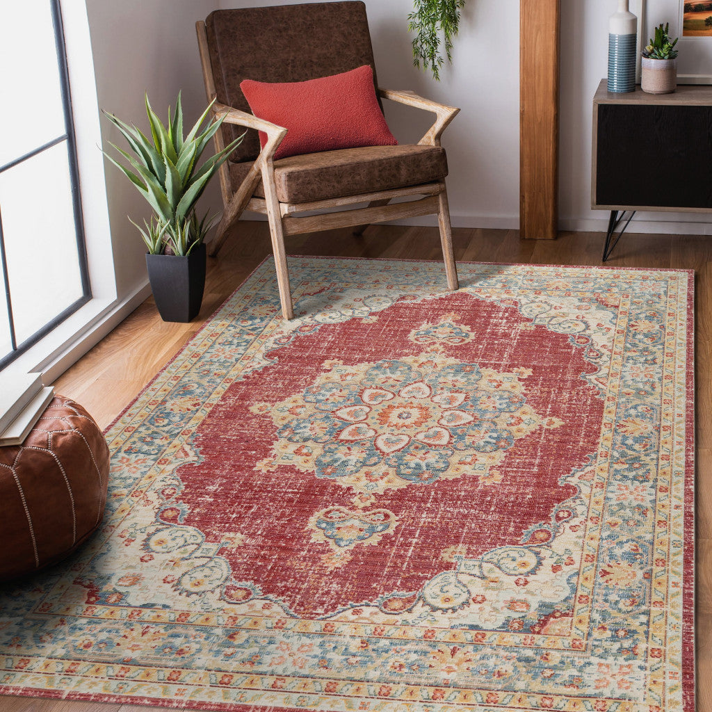 2' X 3' Ivory Red and Blue Medallion Power Loom Worn Faded Area Rug