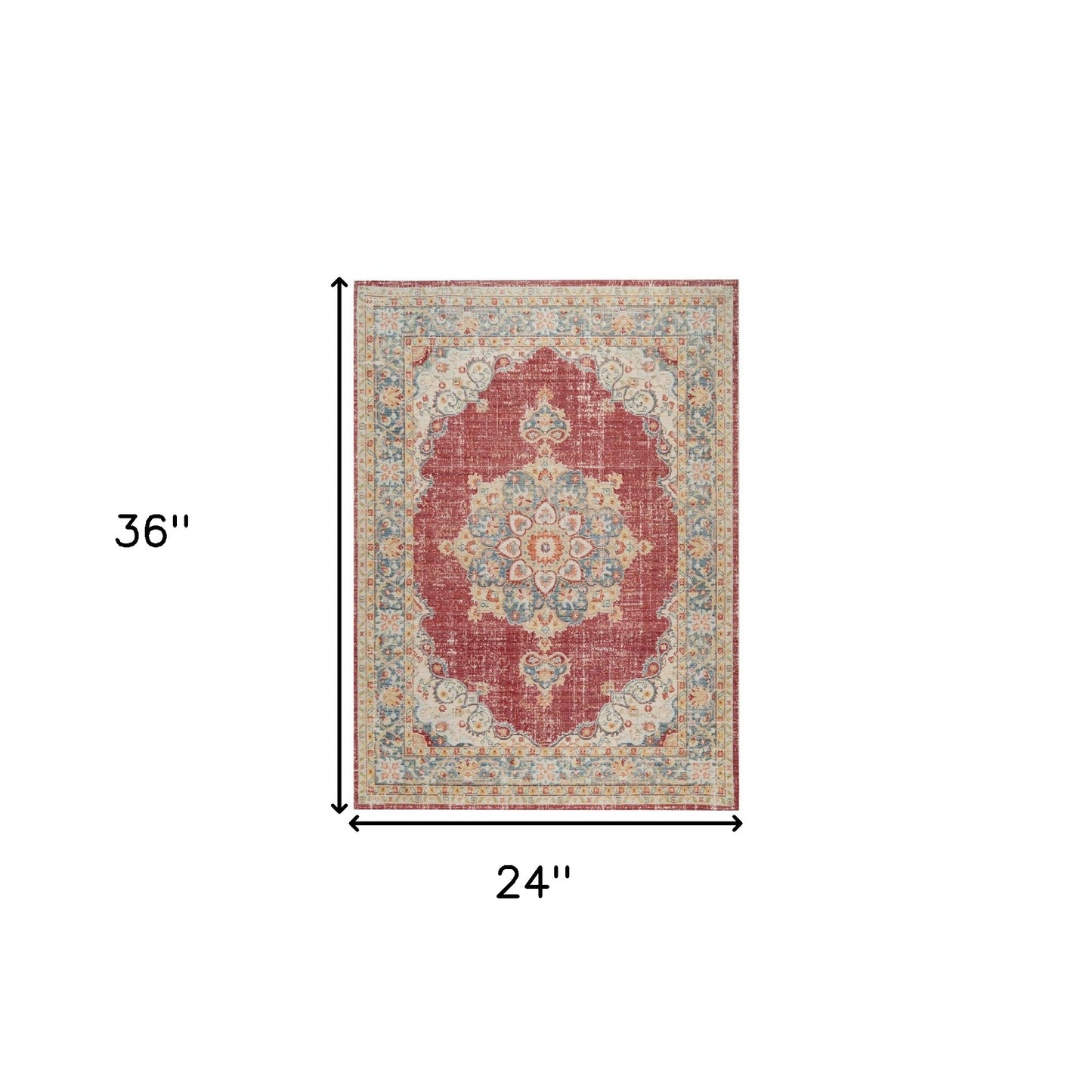 2' X 3' Ivory Red and Blue Medallion Power Loom Worn Faded Area Rug