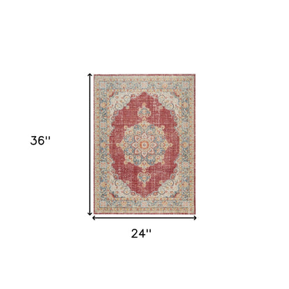 2' X 3' Ivory Red and Blue Medallion Power Loom Worn Faded Area Rug