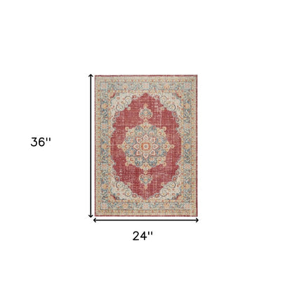 2' X 3' Ivory Red And Blue Medallion Distressed Area Rug