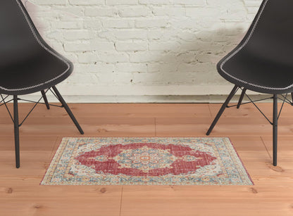 2' X 3' Ivory Red and Blue Medallion Power Loom Worn Faded Area Rug