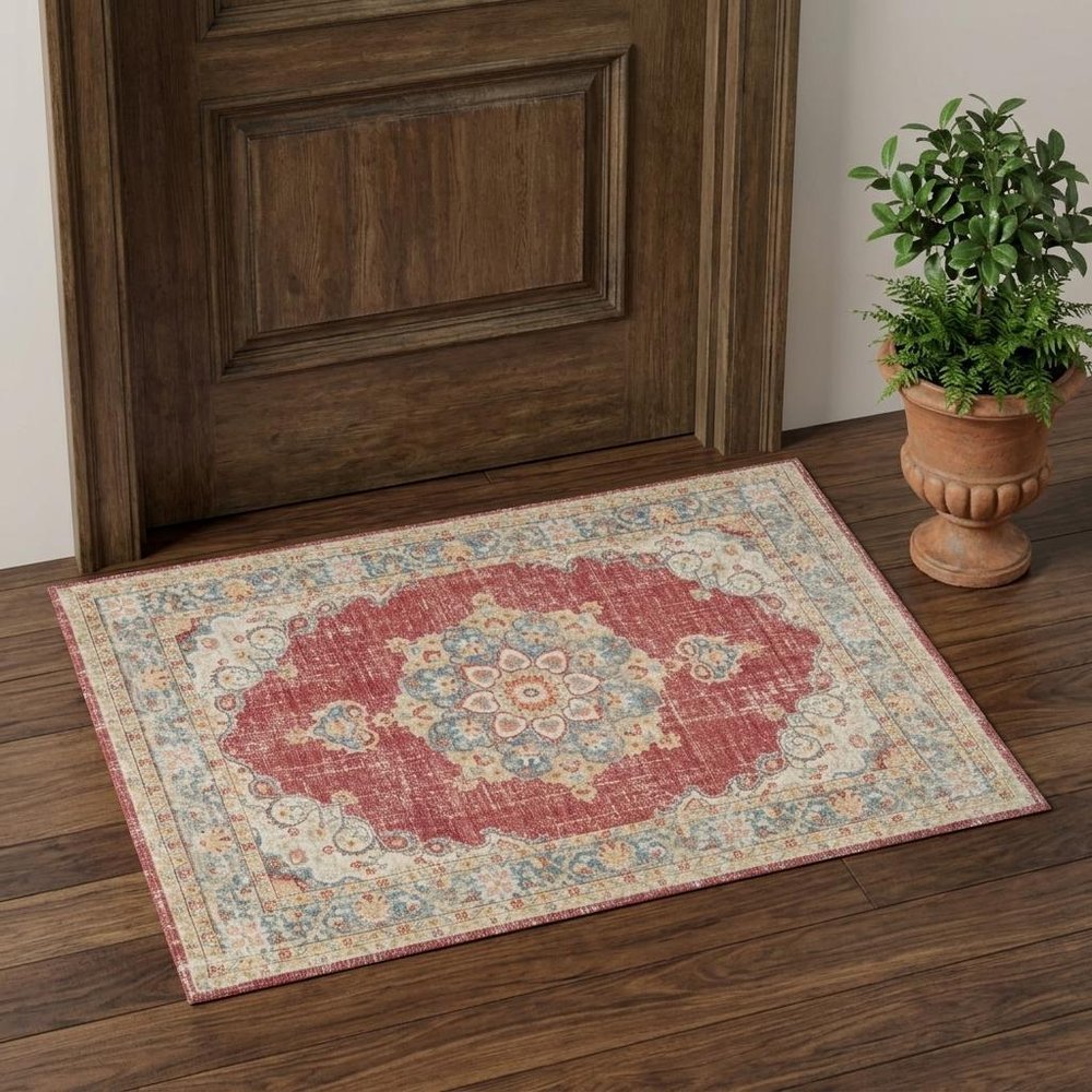 2' X 3' Ivory Red And Blue Medallion Distressed Area Rug