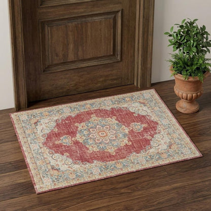 2' X 3' Ivory Red And Blue Medallion Distressed Area Rug
