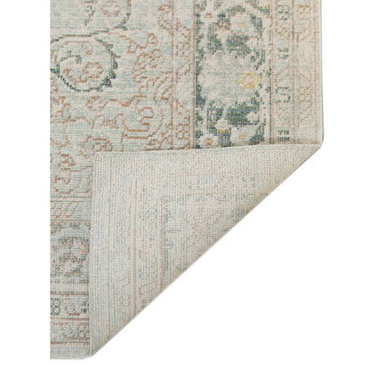 2' X 3' Ivory and Green Medallion Power Loom Worn Faded Area Rug