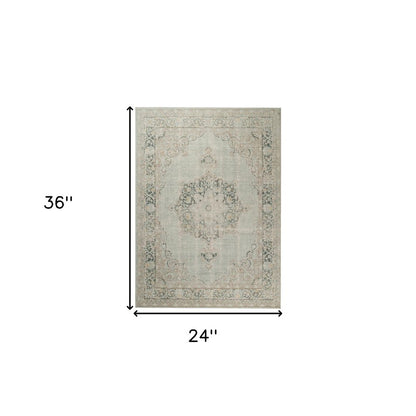 2' X 3' Tan And Light Green Medallion Distressed Area Rug