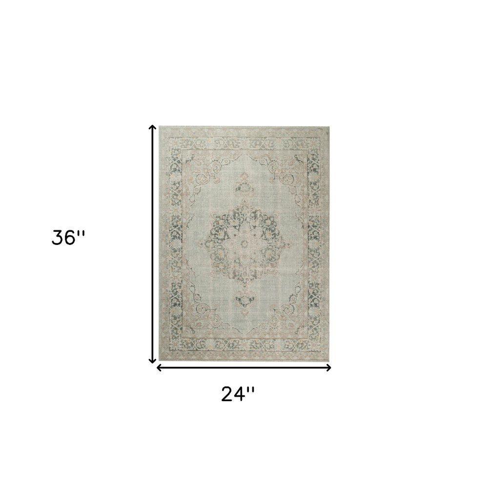 2' X 3' Tan And Light Green Medallion Distressed Area Rug