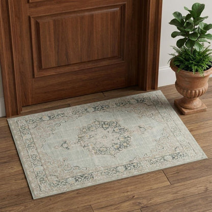 2' X 3' Tan And Light Green Medallion Distressed Area Rug