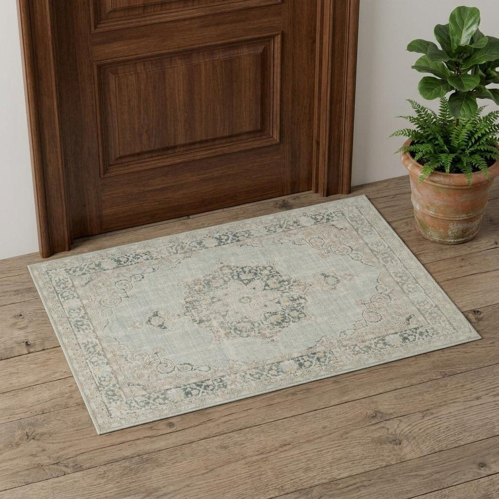 2' X 3' Tan And Light Green Medallion Distressed Area Rug