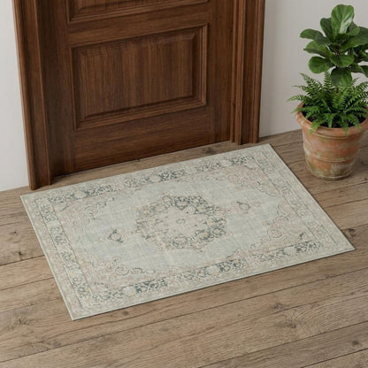 2' X 3' Tan And Light Green Medallion Distressed Area Rug