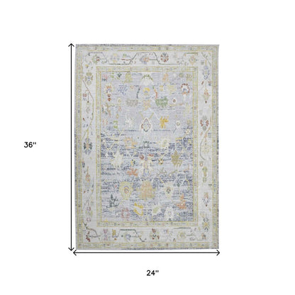 2' X 3' Ivory Blue And Green Floral Distressed Area Rug