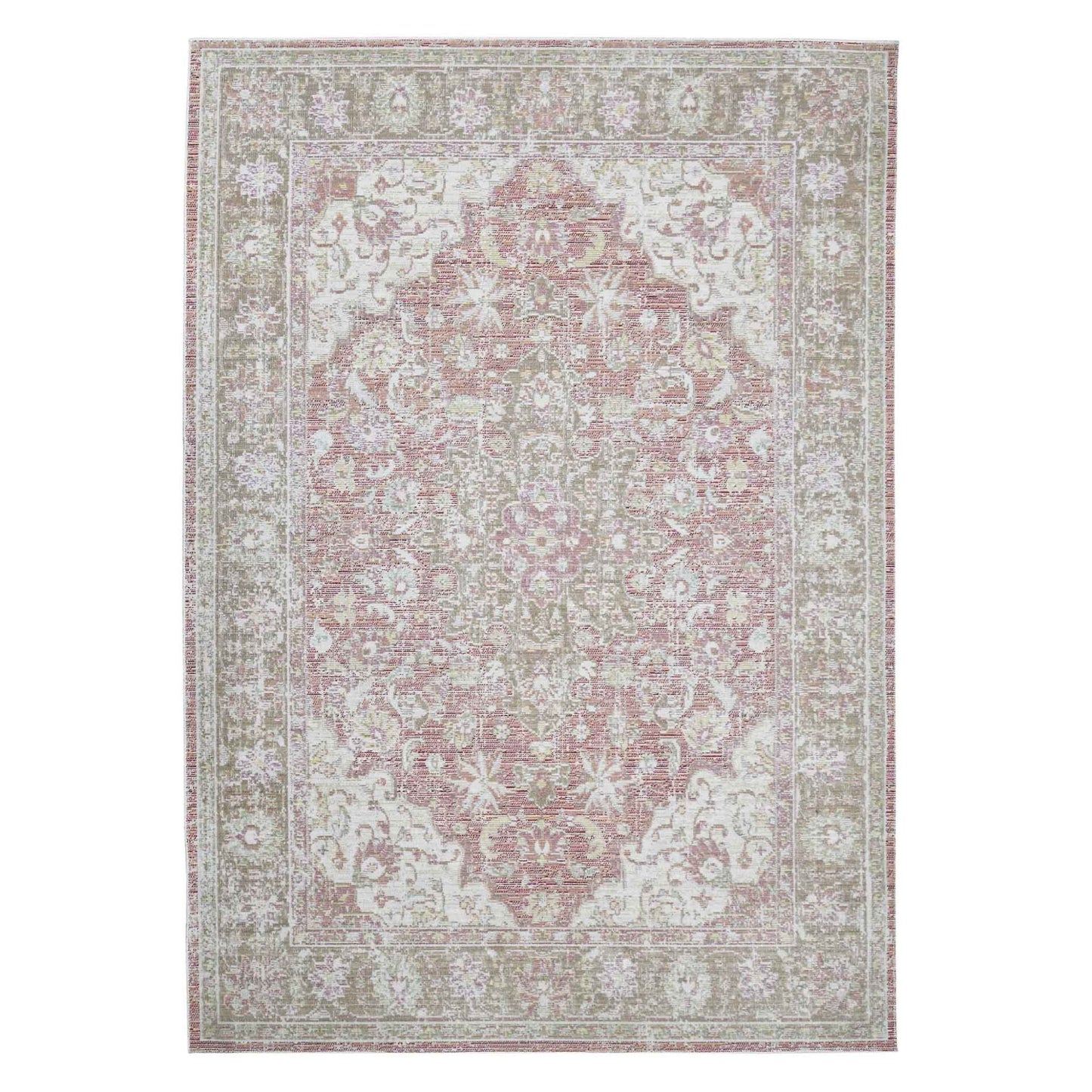 2' X 3' Sage and Coral Pink Medallion Power Loom Worn Faded Area Rug