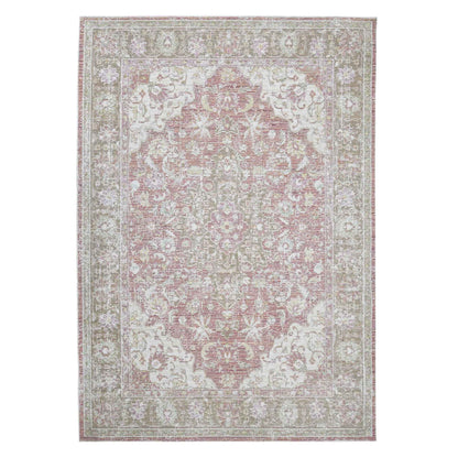 2' X 3' Sage and Coral Pink Medallion Power Loom Worn Faded Area Rug