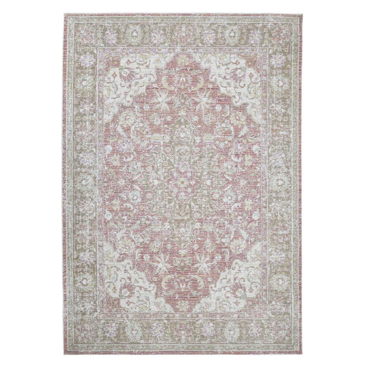 2' X 3' Sage and Coral Pink Medallion Power Loom Worn Faded Area Rug