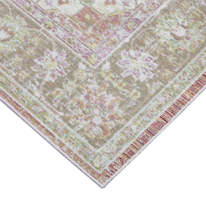 2' X 3' Sage and Coral Pink Medallion Power Loom Worn Faded Area Rug