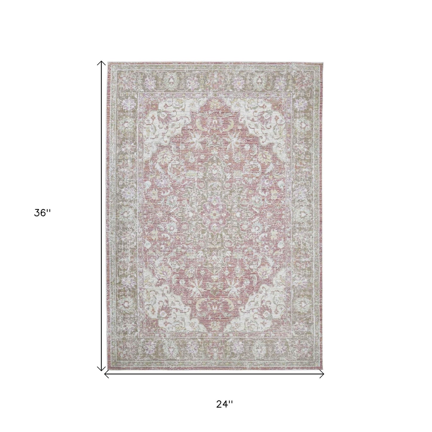 2' X 3' Sage and Coral Pink Medallion Power Loom Worn Faded Area Rug