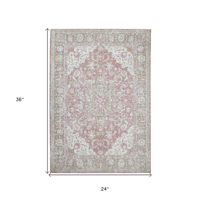 2' X 3' Sage and Coral Pink Medallion Power Loom Worn Faded Area Rug