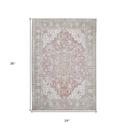 2' X 3' Pink And Gray Medallion Distressed Area Rug