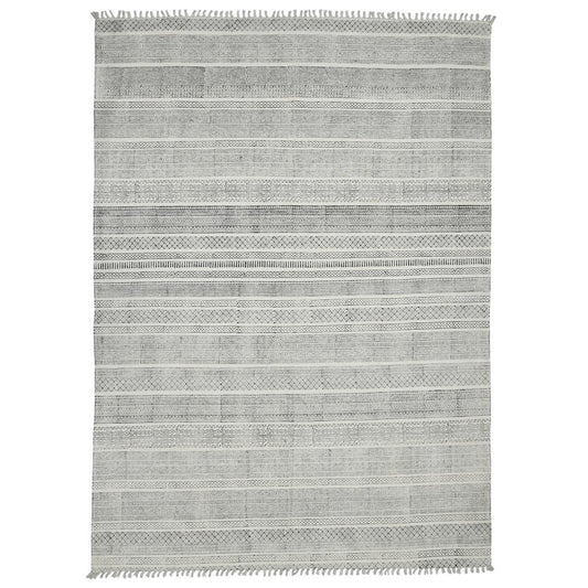 2' X 3' Ivory Black And Gray Geometric Flatweave Handmade Distressed Area Rug With Fringe