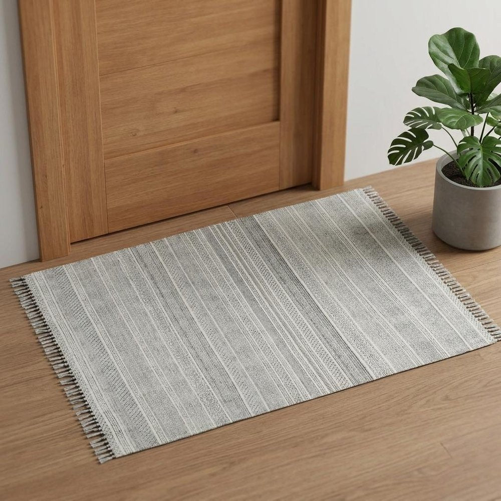 2' X 3' Ivory Black And Gray Geometric Flatweave Handmade Distressed Area Rug With Fringe