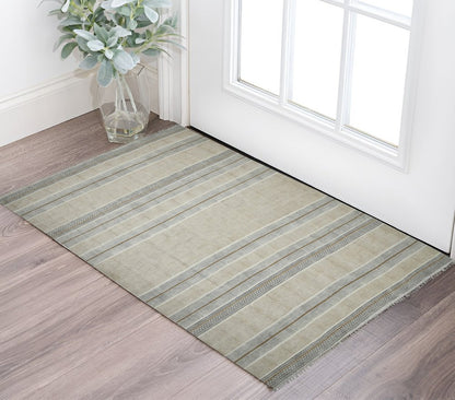 2' X 3' Gray And Brown Striped Flatweave Handmade Distressed Area Rug With Fringe
