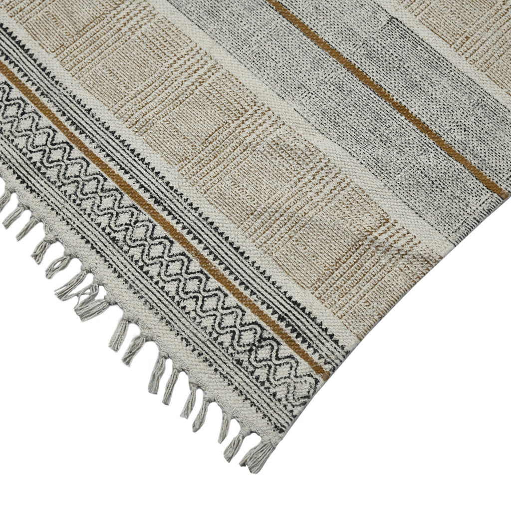 2' X 3' Ivory Black and Brown Geometric Flatweave Handmade Worn Faded Area Rug With Fringe