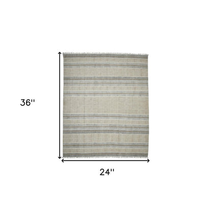 2' X 3' Gray And Brown Striped Flatweave Handmade Distressed Area Rug With Fringe