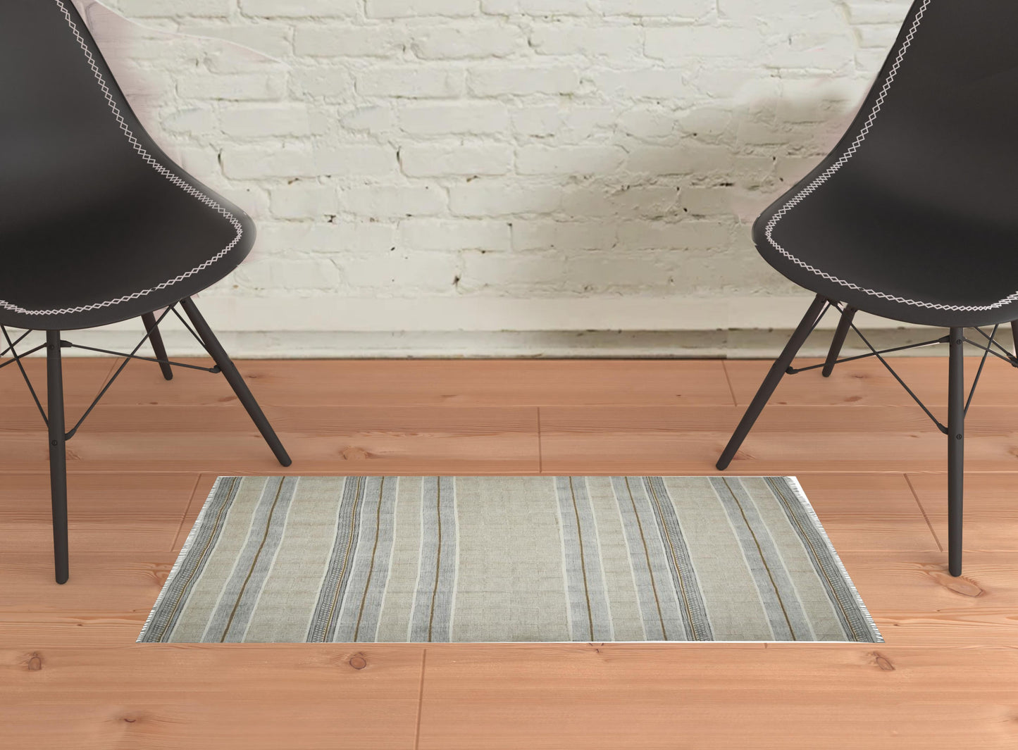 2' X 3' Ivory Black and Brown Geometric Flatweave Handmade Worn Faded Area Rug With Fringe