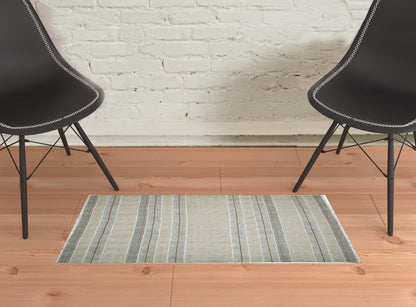 2' X 3' Ivory Black and Brown Geometric Flatweave Handmade Worn Faded Area Rug With Fringe