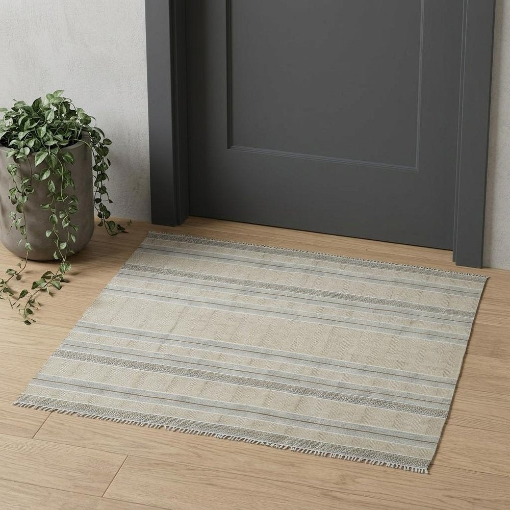 2' X 3' Gray And Brown Striped Flatweave Handmade Distressed Area Rug With Fringe
