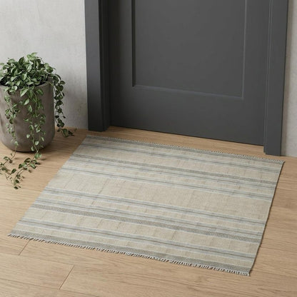2' X 3' Gray And Brown Striped Flatweave Handmade Distressed Area Rug With Fringe