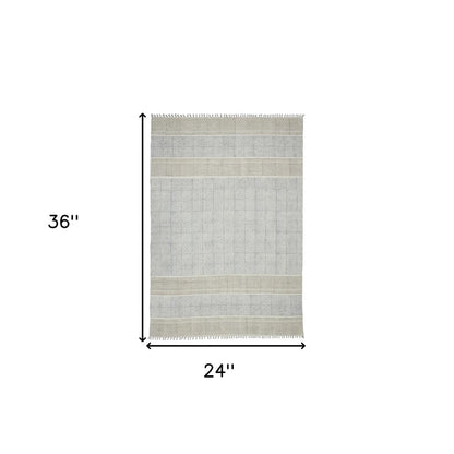 2' X 3' Blue And Gray Striped Flatweave Handmade Distressed Area Rug With Fringe