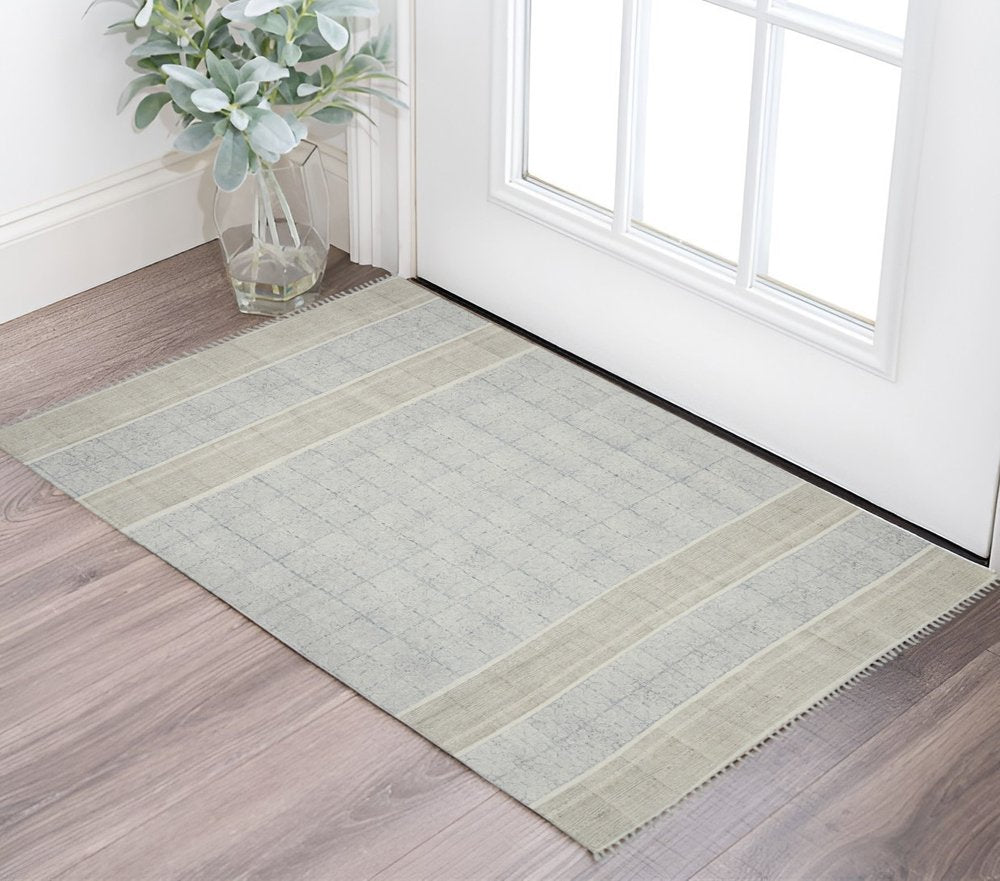 2' X 3' Blue And Gray Striped Flatweave Handmade Distressed Area Rug With Fringe
