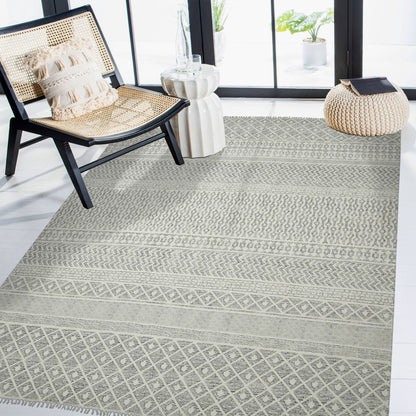 2' X 3' Gray and Ivory Geometric Flatweave Handmade Distressed Area Rug with Fringe