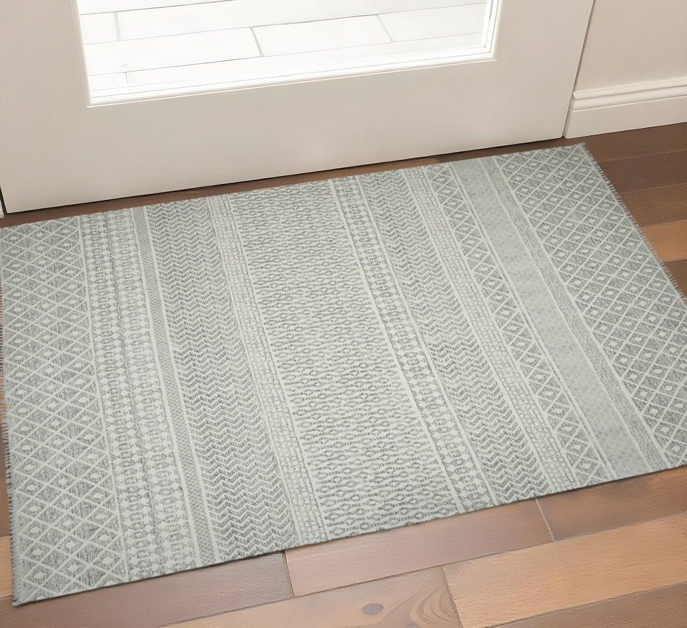 2' X 3' Gray And Ivory Geometric Flatweave Handmade Distressed Area Rug With Fringe