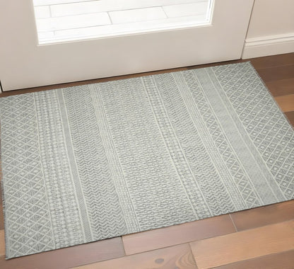 2' X 3' Gray And Ivory Geometric Flatweave Handmade Distressed Area Rug With Fringe