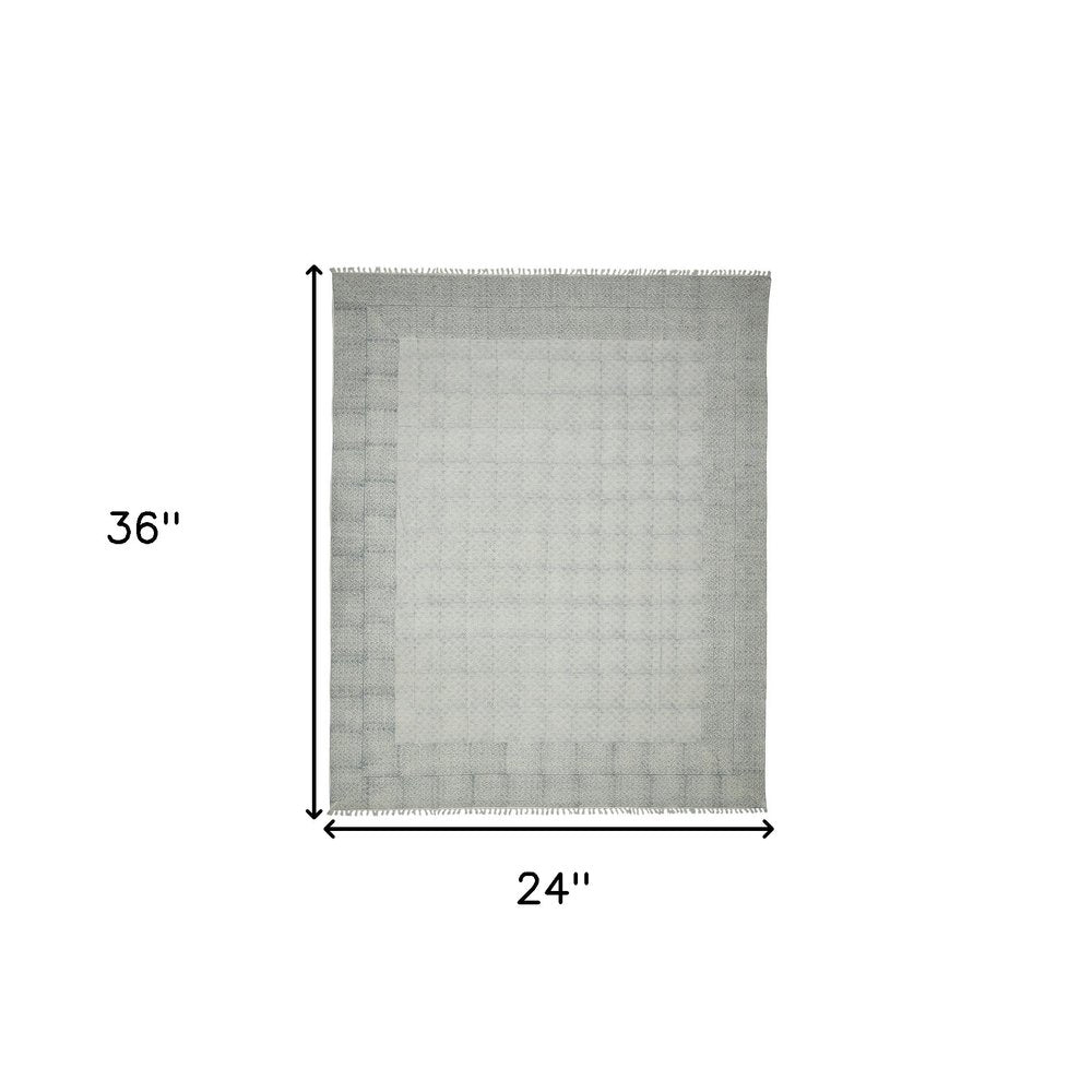 2' X 3' Gray And Blue Geometric Flatweave Handmade Distressed Area Rug With Fringe