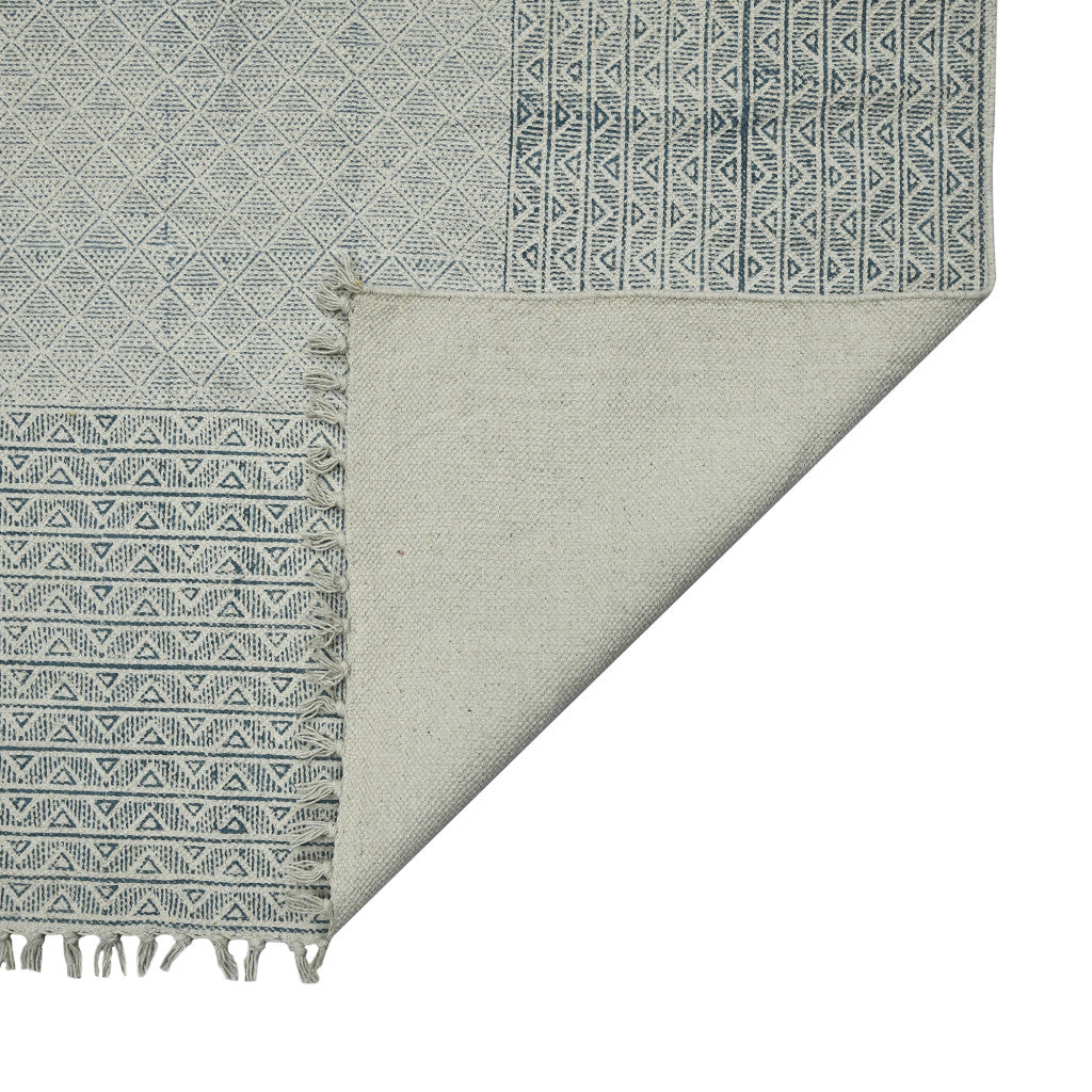 2' X 3' Ivory Blue and Black Geometric Flatweave Handmade Worn Faded Area Rug With Fringe