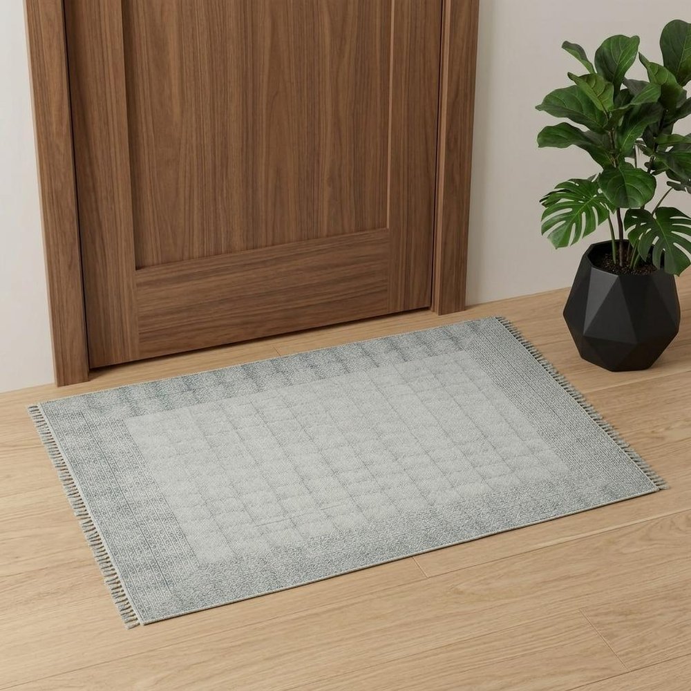 2' X 3' Gray And Blue Geometric Flatweave Handmade Distressed Area Rug With Fringe