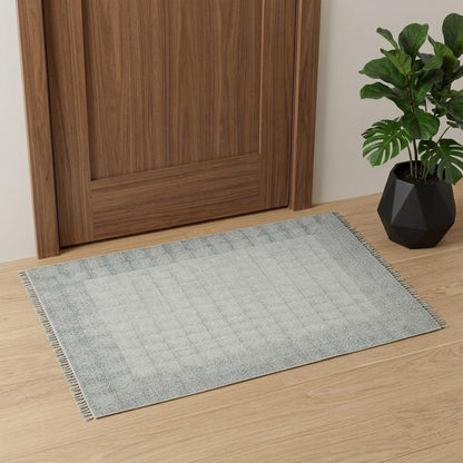 2' X 3' Gray And Blue Geometric Flatweave Handmade Distressed Area Rug With Fringe