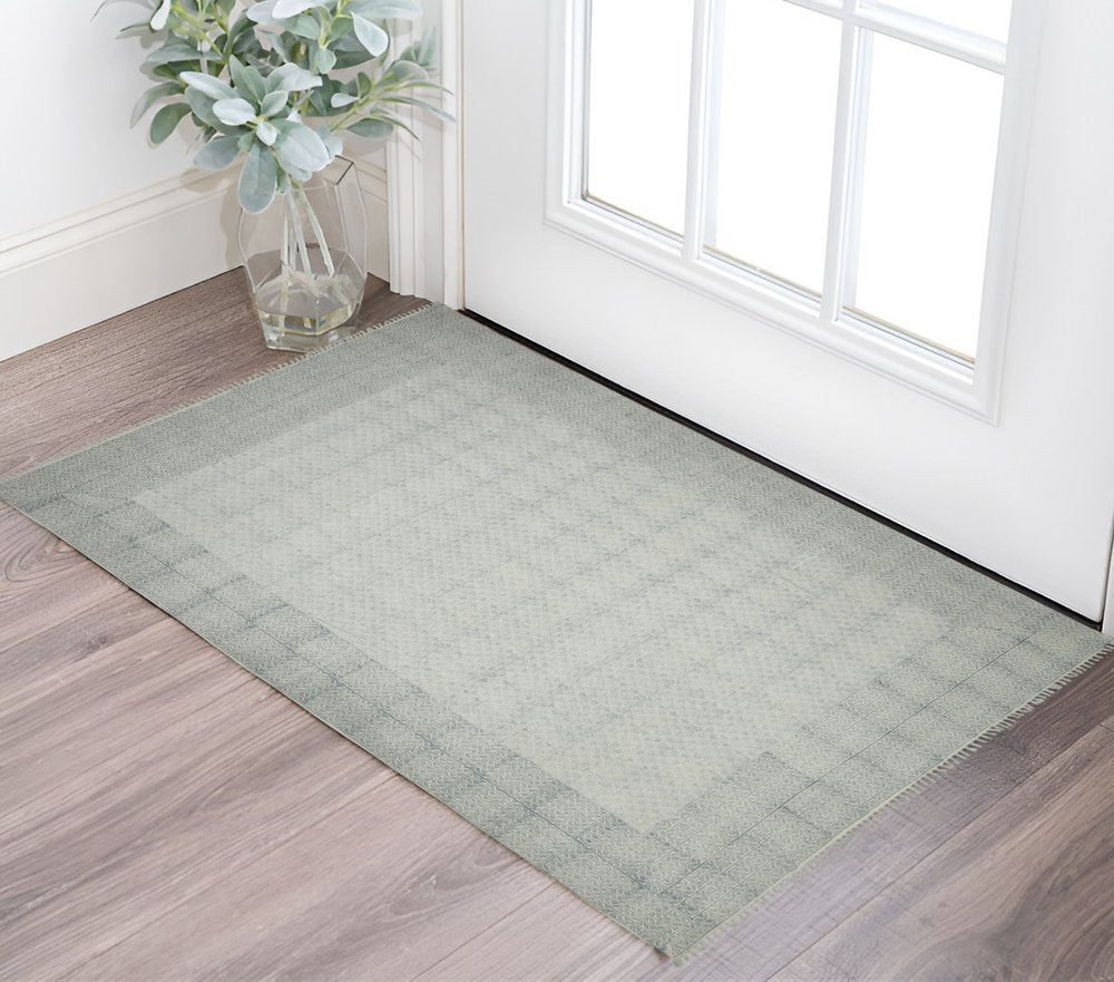 2' X 3' Gray And Blue Geometric Flatweave Handmade Distressed Area Rug With Fringe