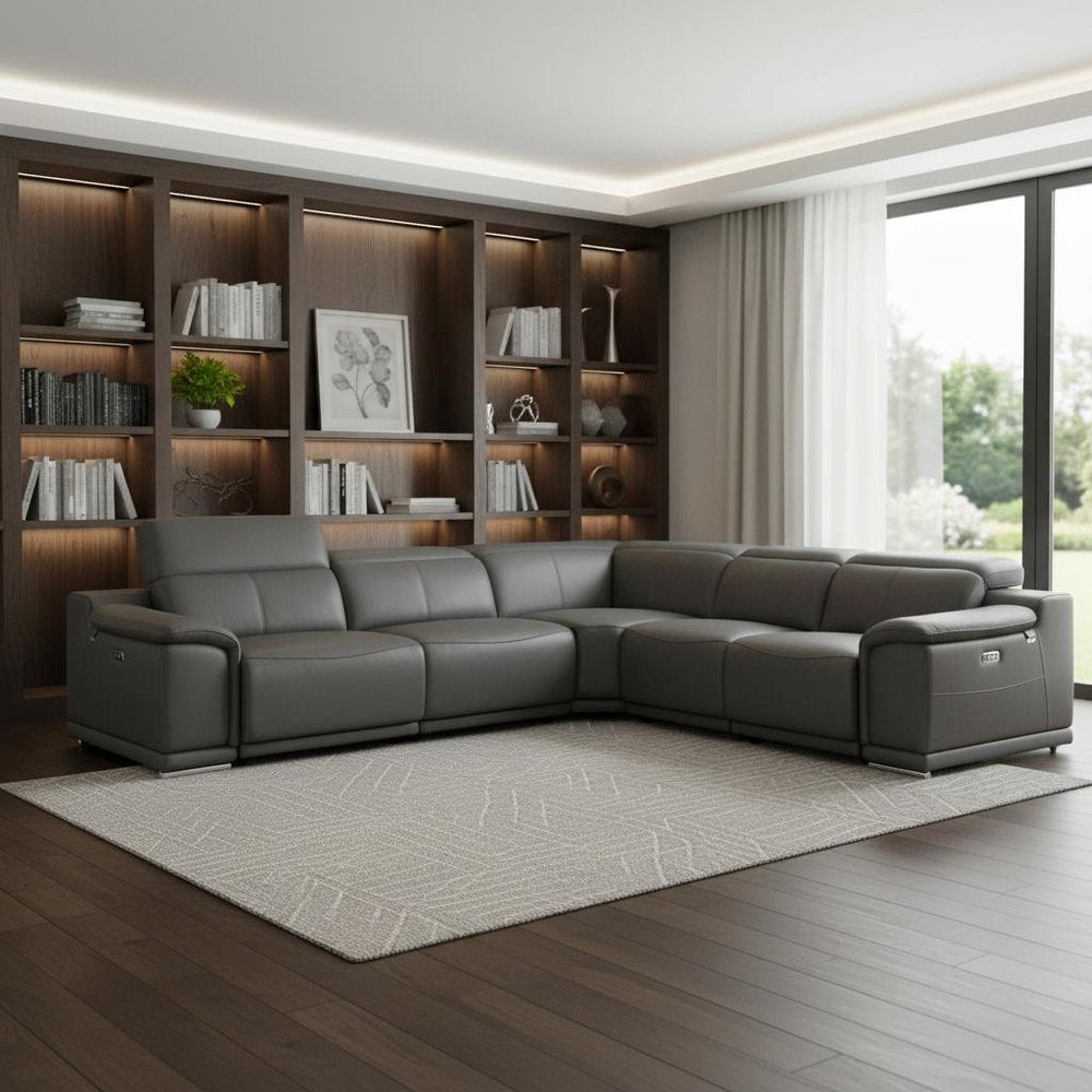 Gray Italian Leather Power Reclining U Shaped Five Piece Corner Sectional With Console